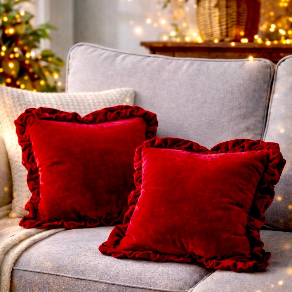 ♥️Love Marlow Set of 2 large Ruffled Edge Richly Colored Red Velvet Pillows